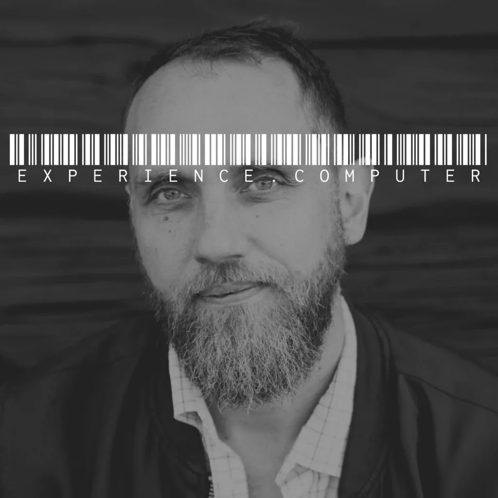 experience.computer podcast cover - black and white portrait of Dougald Hine with a white barcode over his eyes. Text: EXPERIENCE . COMPUTER.