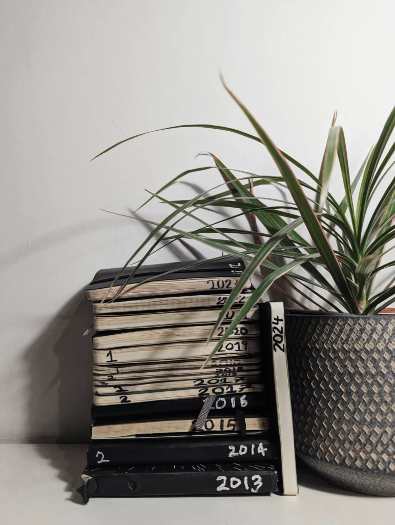 Hand-labeled journals from 2013 to 2023 stacked next to a potted plant, with a vertical notebook for 2024 leaning against the pile.
