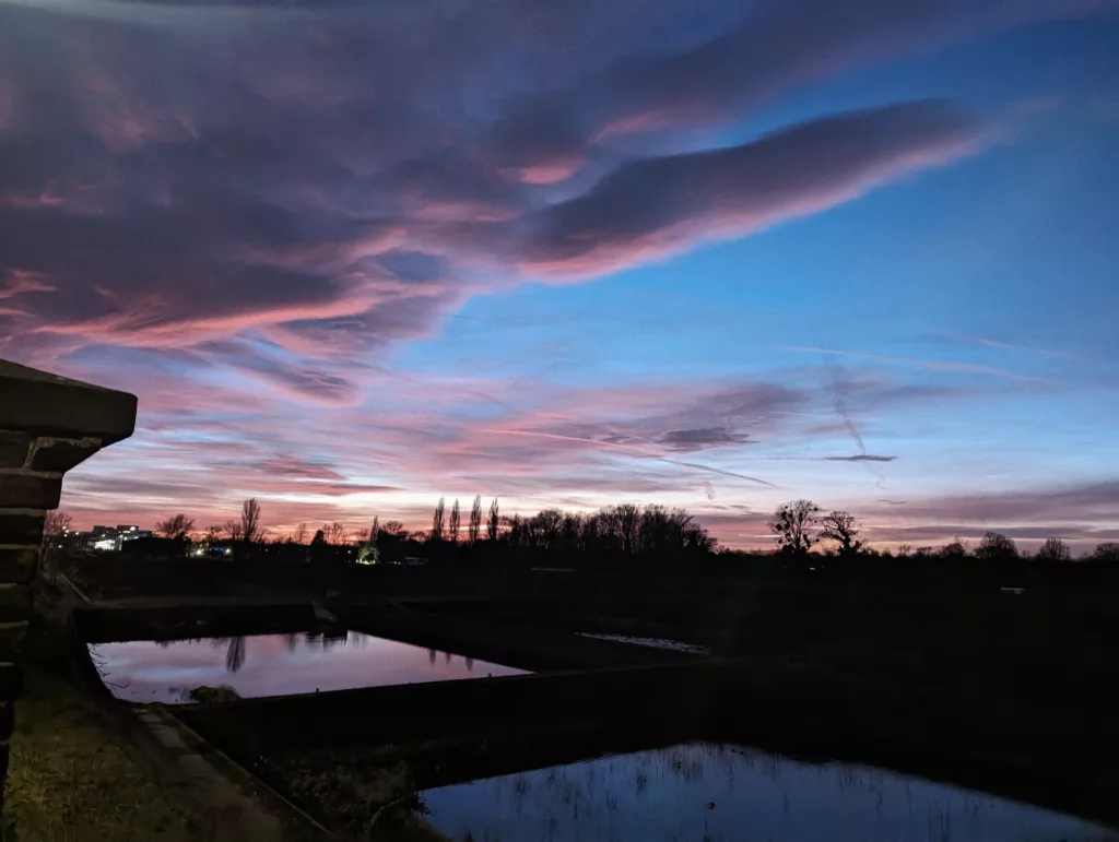 Pink and purple clouds streaking across a deep blue twilight sky, reflected in dark rectangular ponds below a silhouetted treeline.