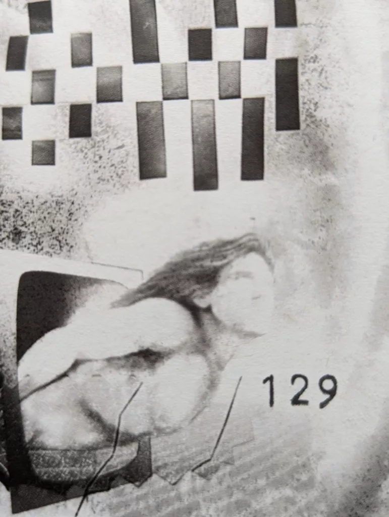 Grainy monochrome print of a person with long hair leaping from a screen, beneath floating black rectangles and the number 129.