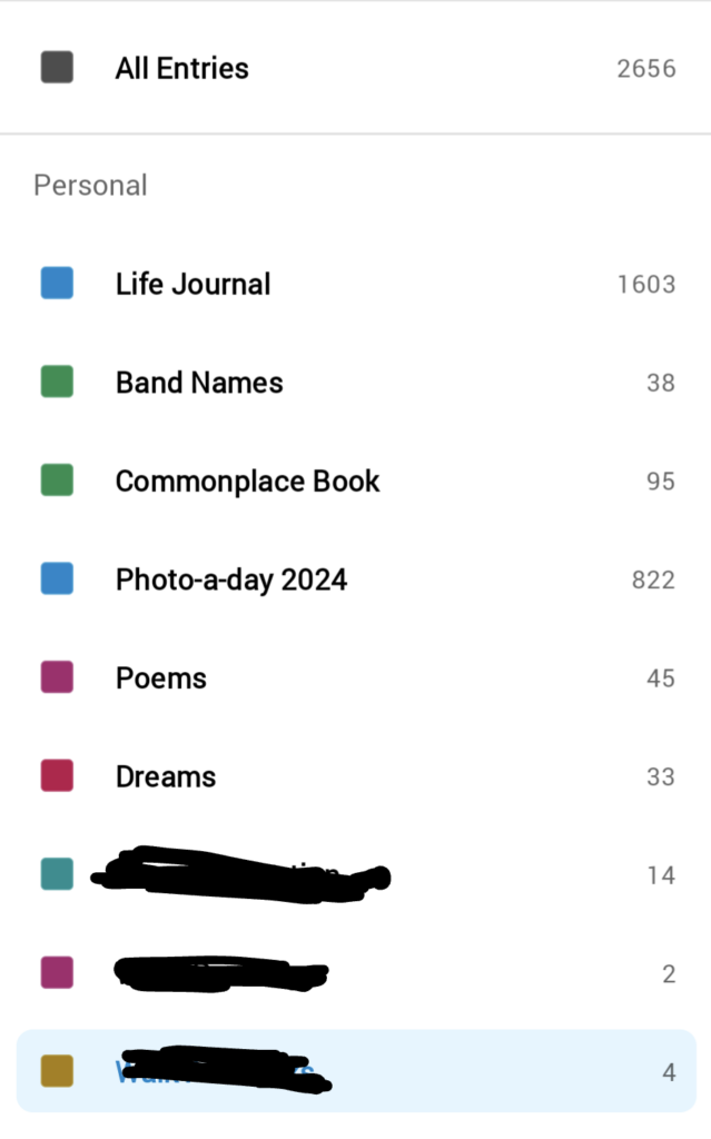Screenshot of the Day One app interface showing a list of journals including Life Journal (1603), Band Names (38), Commonplace Book (95), Photo-a-day 2024 (822), Poems (45), and Dreams (33).