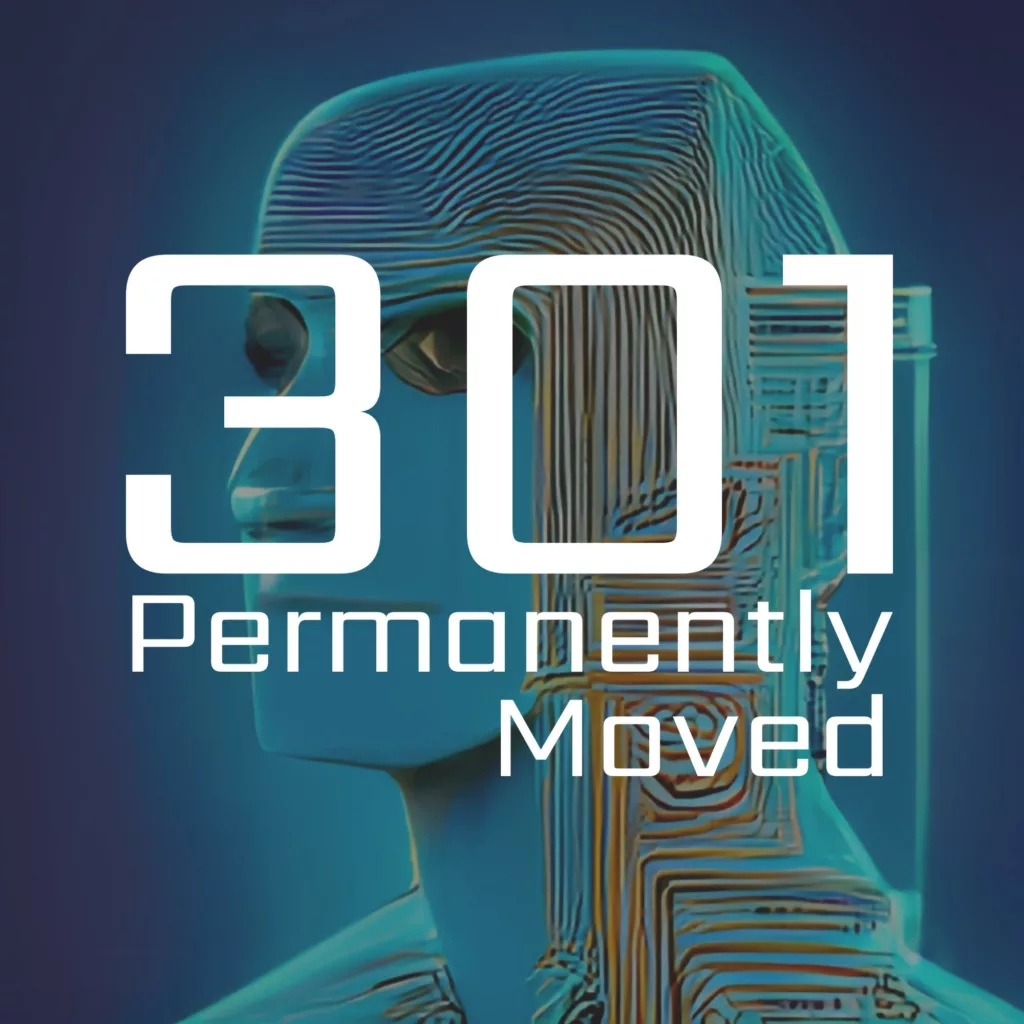 301 permanently moved podcast cover - text reading 301 Permanently Moved over a stylized blue digital head with topographic circuit-like patterns.