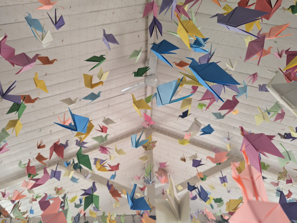 Hundreds of colorful origami paper cranes suspended from a white slatted ceiling, filling the frame with a vibrant, dense canopy.