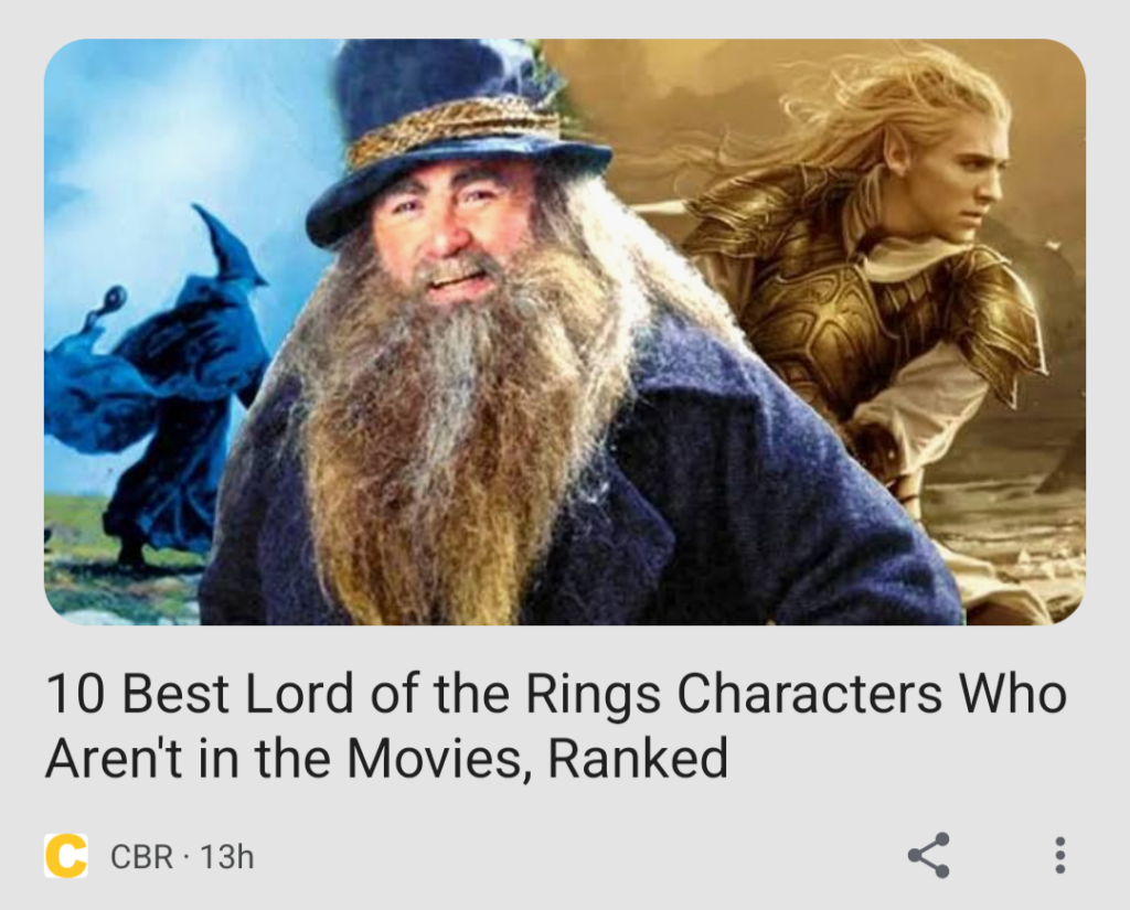 Screenshot of a CBR article titled 10 Best Lord of the Rings Characters Who Aren't in the Movies, Ranked. The header image shows illustrations of Tom Bombadil and Glorfindel.