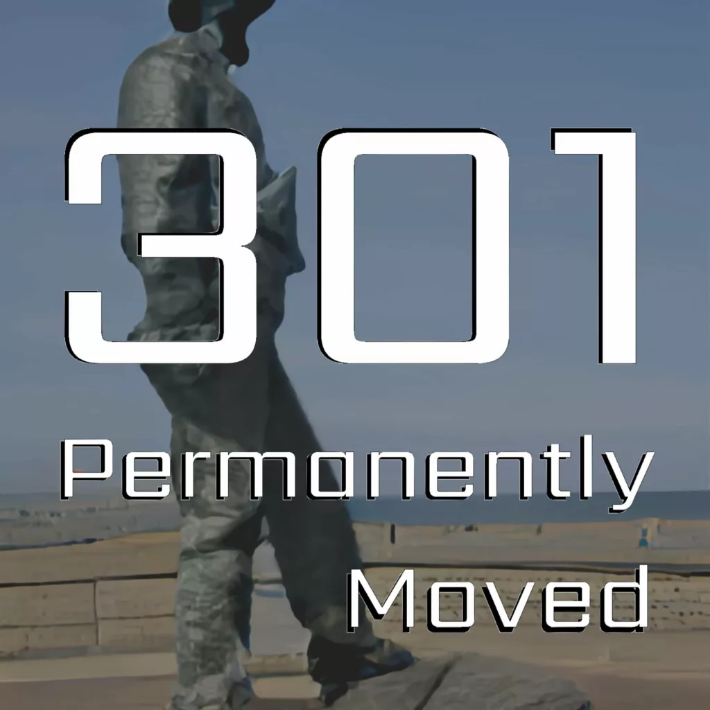 301 permanently moved podcast cover - Text 301 Permanently Moved over a bronze statue of a figure against a blue sky.