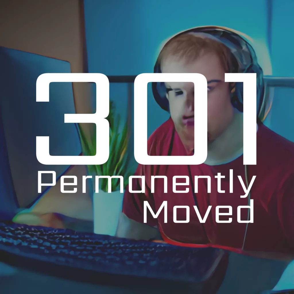 301 permanently moved podcast cover - Text: 301 Permanently Moved. A distorted, glitched image of a person wearing a headset and a red shirt sitting at a computer desk.
