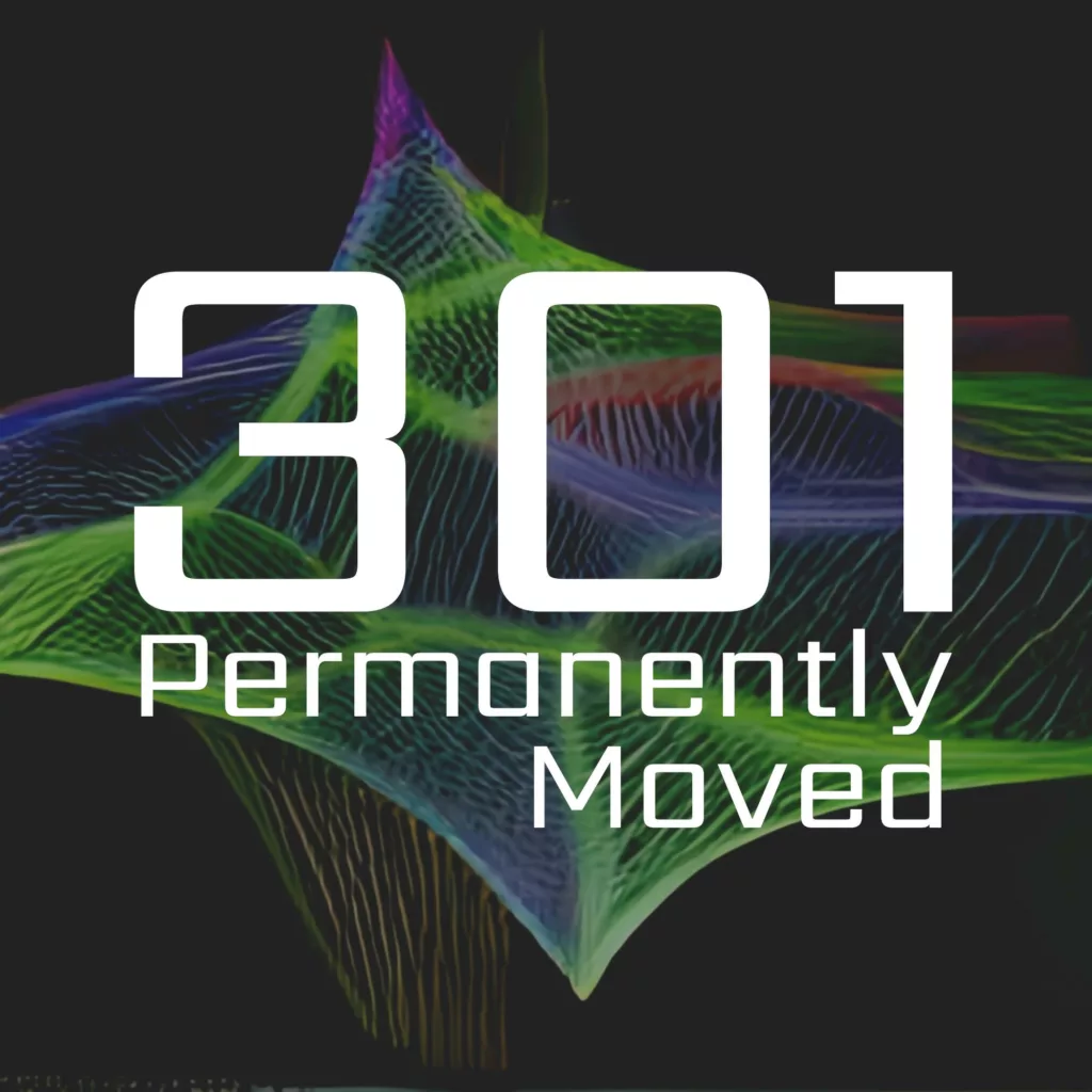 301 permanently moved podcast cover - Large white text reading 301 Permanently Moved over an abstract, iridescent green and purple wireframe shape.