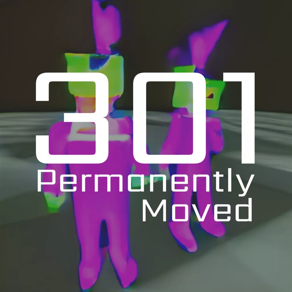 301 permanently moved podcast cover - Text: 301 Permanently Moved. Two abstract purple figures with neon green square heads against a dark background.