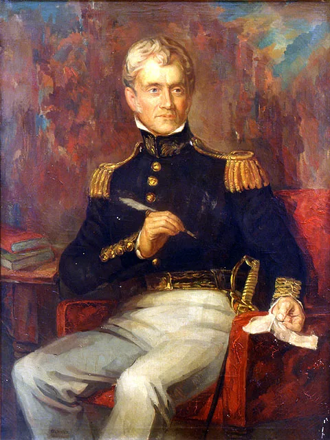 Oil painting of Sylvanus Thayer in a dark blue military uniform with gold epaulettes, seated and holding a quill pen and a slip of paper.