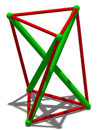Featured image for Tensegrity Simple 3 - a 3D model of a triangular tensegrity prism with green struts and red tension cables.