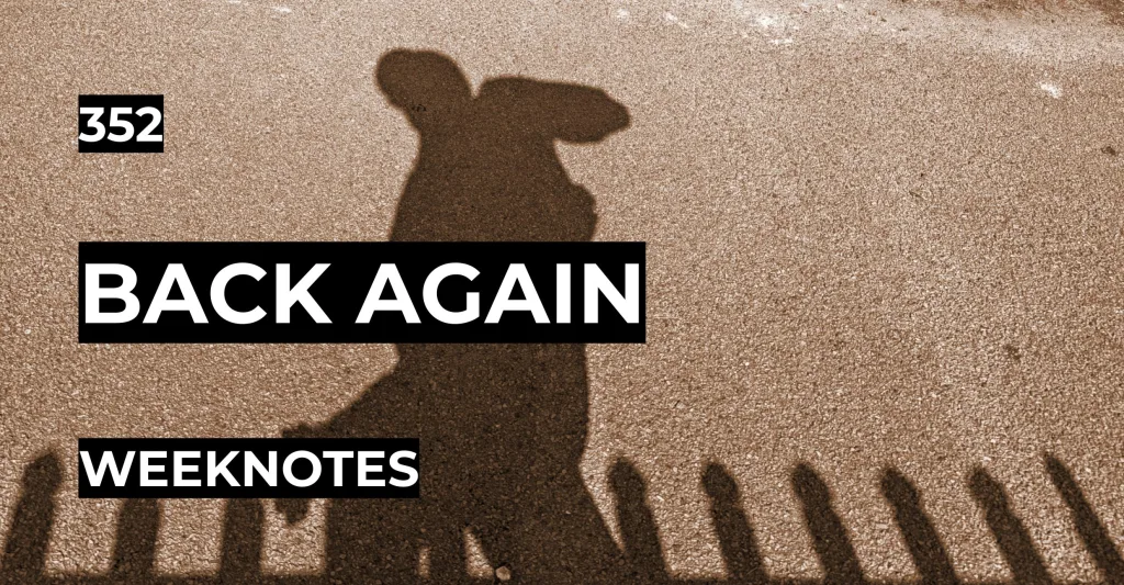 Featured image for Back Again: Weeknotes 352 - the sepia shadow of a person with a backpack walking past a picket fence.