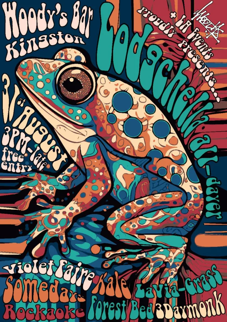 Featured image for Lodchella at Woody's Bar Kingston - A psychedelic, multi-colored illustrated tree frog.