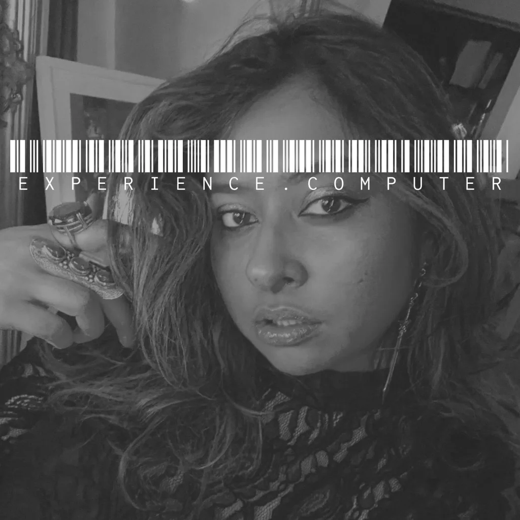 experience.computer podcast cover - black and white portrait of Meg Jayanth with a white barcode and the text EXPERIENCE . COMPUTER across her eyes.