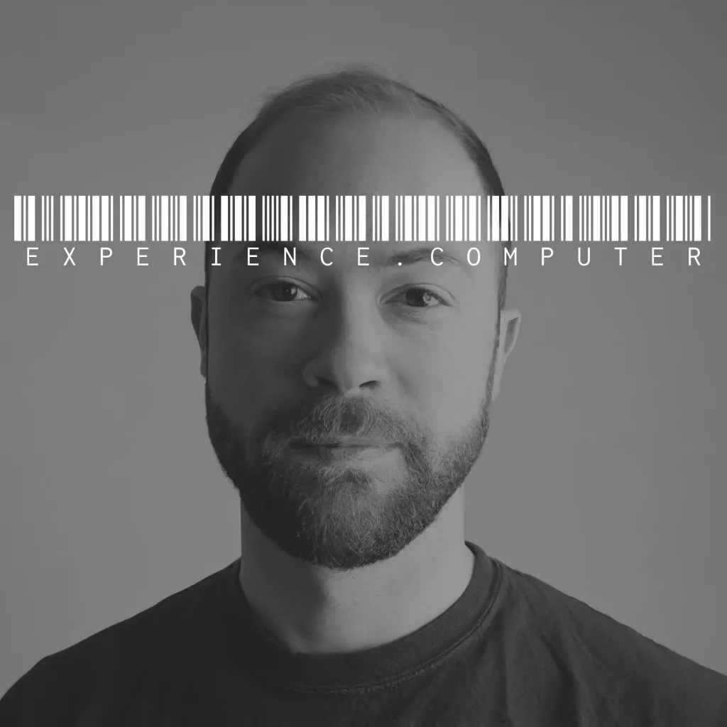 experience.computer podcast cover - Mike Rugnetta. A black and white portrait with a barcode over his eyes and the text: EXPERIENCE . COMPUTER.