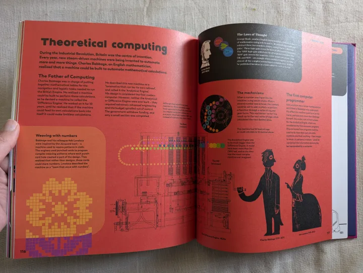 Vibrant red pages of an open book about theoretical computing with illustrations of Charles Babbage, Ada Lovelace, and mechanical diagrams.