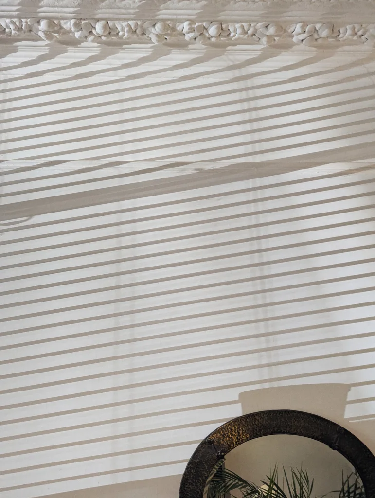 Horizontal shadows from blinds cast across a white wall and ornate ceiling molding, above a round mirror reflecting green foliage.