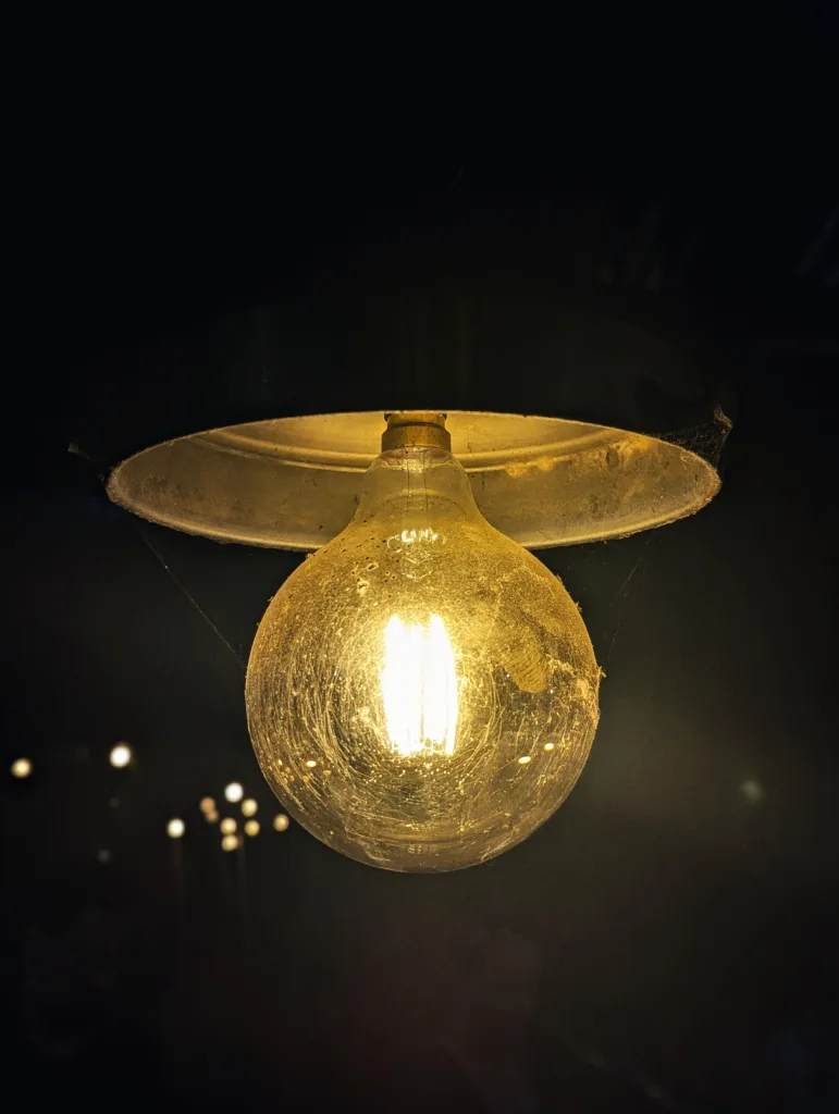 A dusty, glowing round lightbulb hangs from a metal shade, its warm yellow light revealing cobwebs against a dark, moody background.