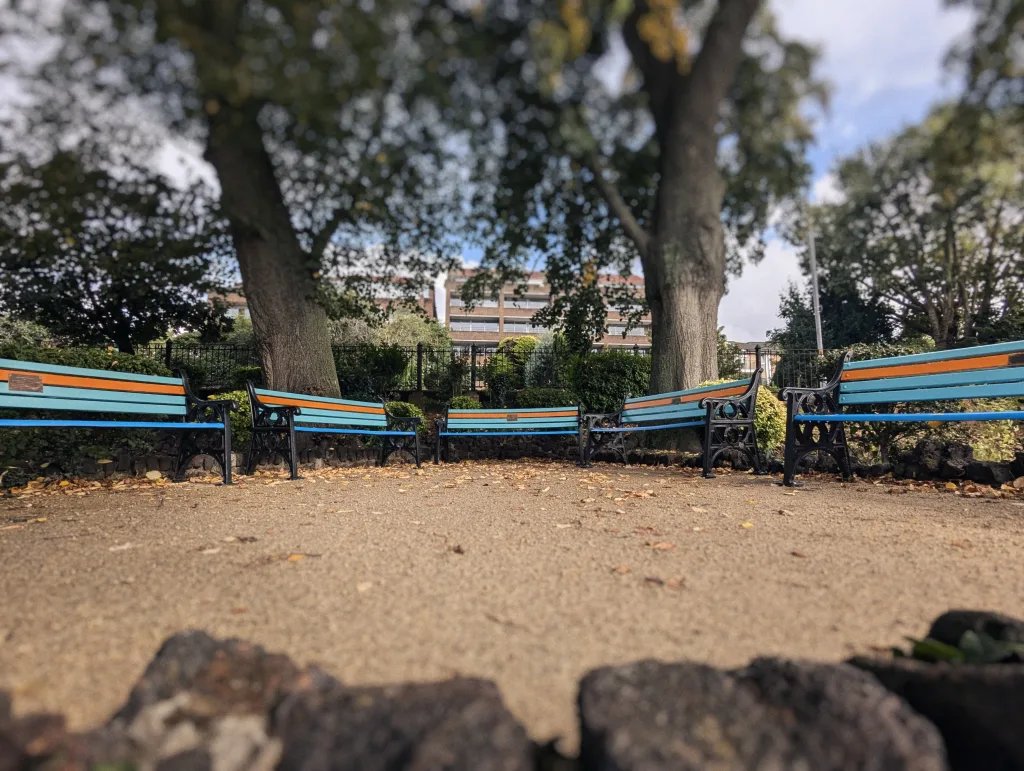 A semi-circle of park benches with teal and orange slats on a gravel ground covered in autumn leaves, framed by large leafy trees.