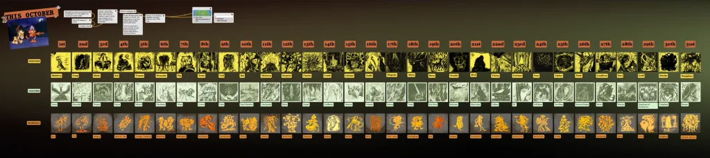Screenshot of a digital workspace featuring an October art challenge tracker. Three horizontal rows of daily drawings are arranged from the 1st to the 31st. The top row is yellow-tinted, the middle row is green-tinted, and the bottom row is orange-tinted. A graphic in the top-left corner reads "THIS OCTOBER" alongside cartoon characters. At the top center, a set of connected text boxes forms a small flow chart.
