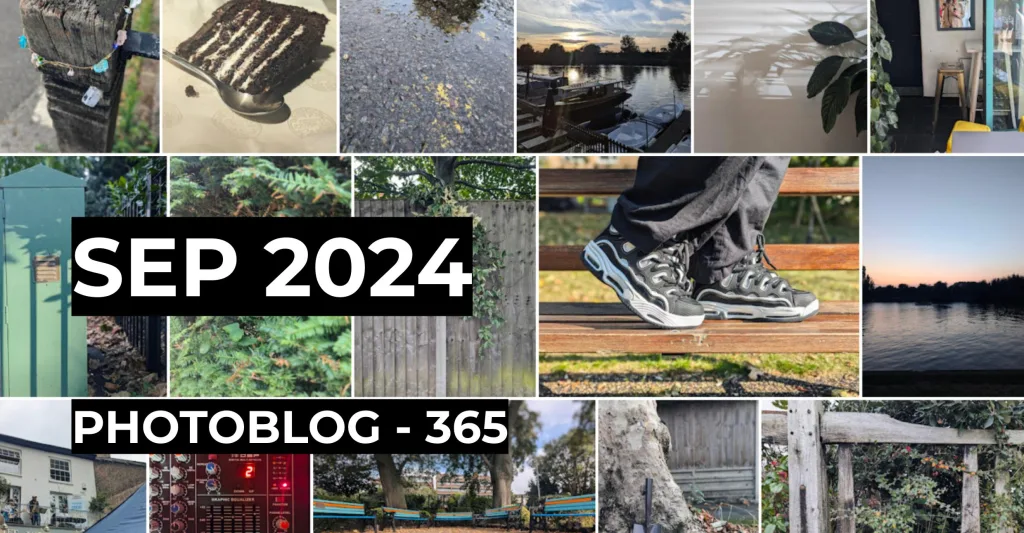 Featured image for Photoblog - 365: September 2024 - a grid collage of photos including a cake slice, river sunsets, and chunky sneakers.