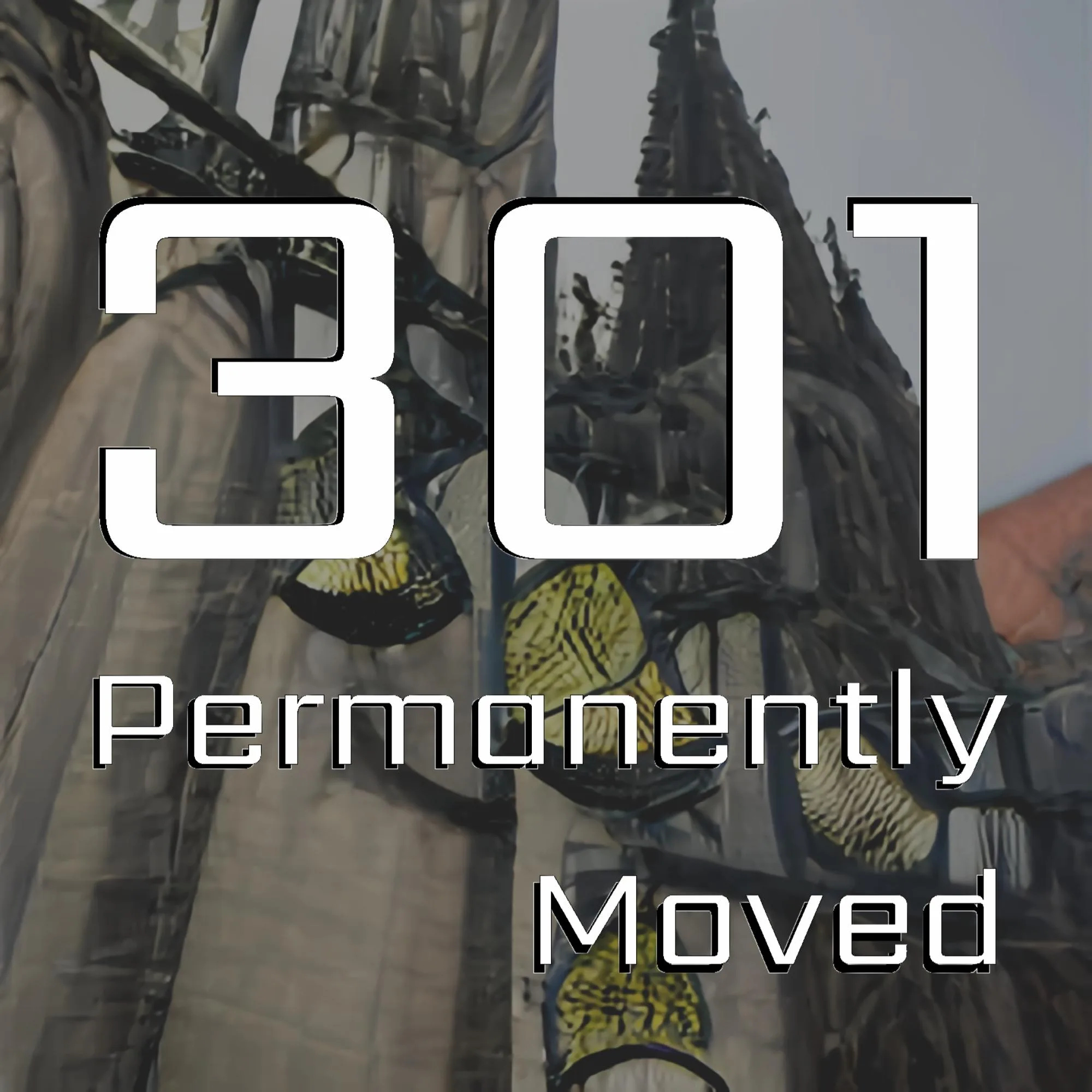 301 permanently moved podcast cover - Large white block text reading 301 Permanently Moved over an abstract background of dark, vertical digital structures with yellow textured patterns.