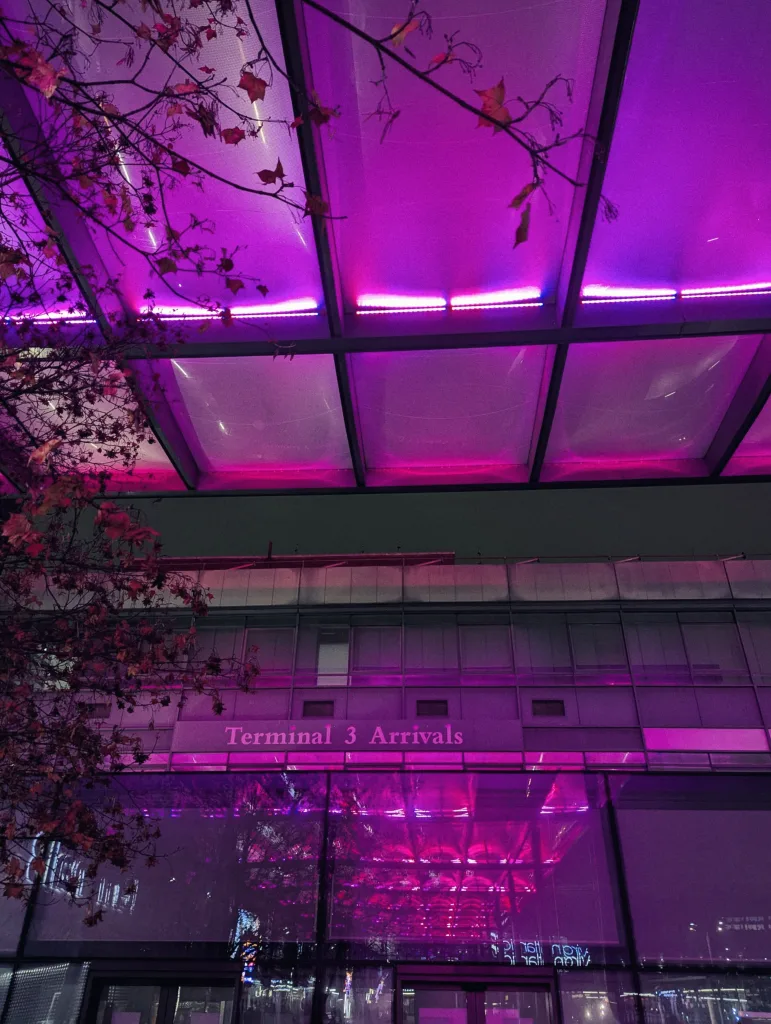 Terminal 3 Arrivals building illuminated with vibrant magenta light under a glowing canopy, framed by red-leaved branches at night.
