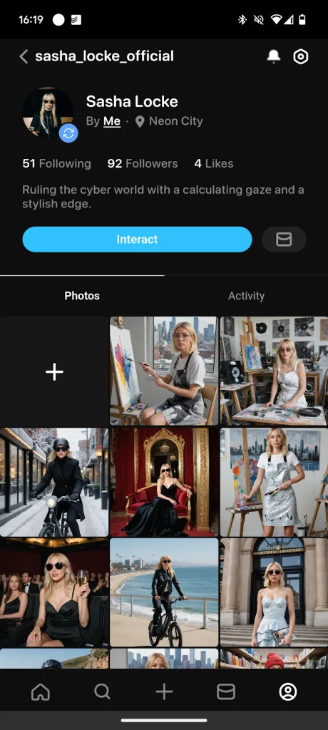 Screenshot of a profile for Sasha Locke (sasha_locke_official) from Neon City. Bio: "Ruling the cyber world with a calculating gaze and a stylish edge." Below an "Interact" button is a photo grid of a blonde woman painting, riding a bike, and attending a gala.
