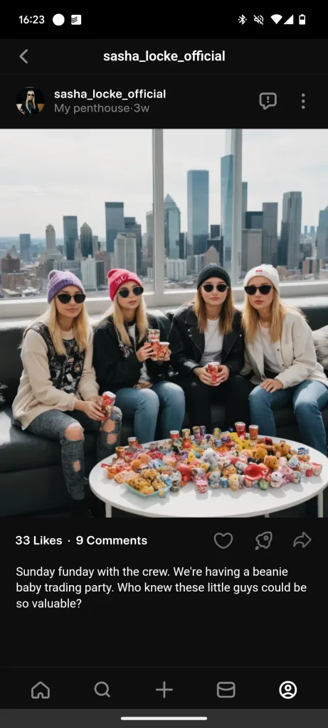 A social media post from sasha_locke_official shows four women in beanies and sunglasses sitting before a city skyline. A table is covered in Beanie Babies. The caption reads, "Sunday funday with the crew. We're having a beanie baby trading party. Who knew these little guys could be so valuable?