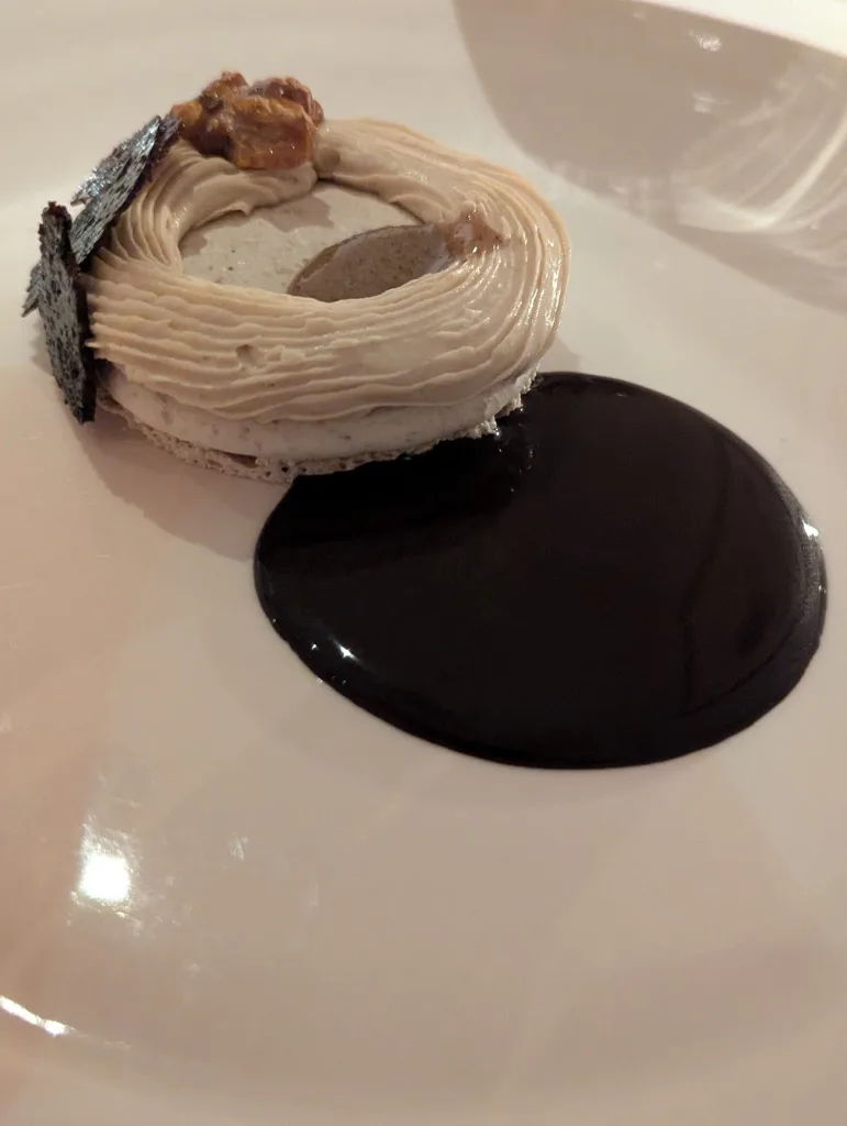 Piped mousse ring on a meringue base with a dark glossy chocolate sauce pool on a white ceramic plate.