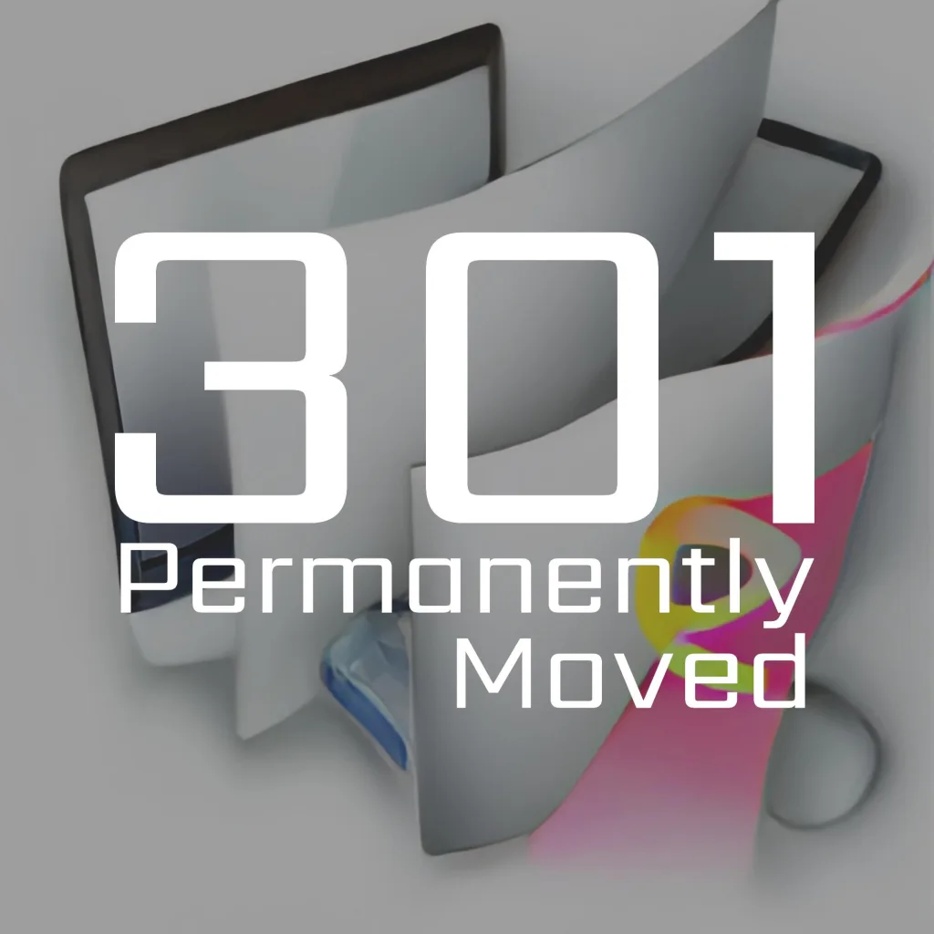 301 permanently moved podcast cover - Abstract 3D composition of curved grey planes and frames with pink and blue accents. Text: 301 Permanently Moved.