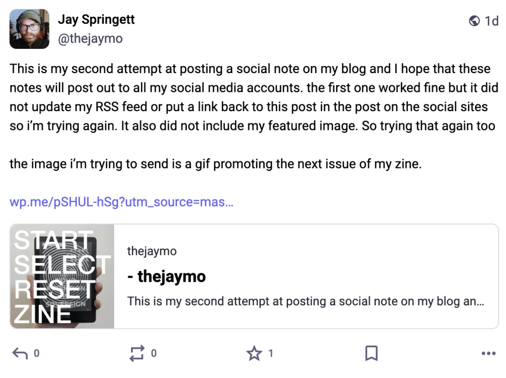 Screenshot of a Mastodon post by Jay Springett (@thejaymo) describing an attempt to crosspost a social note from his blog. The text explains he is testing RSS feed updates and featured images. A link preview shows a graphic for "START SELECT RESET ZINE" featuring an e-reader.