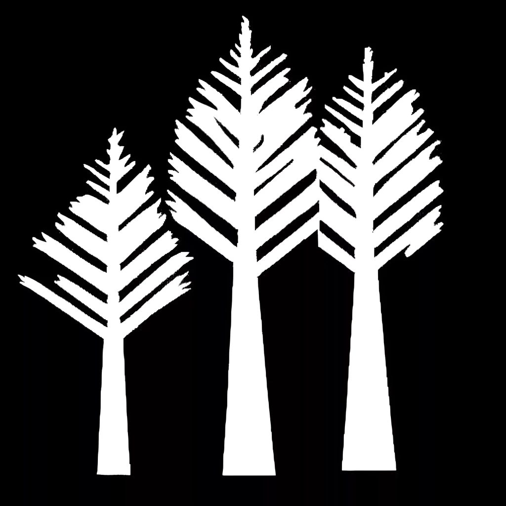 Family Of Giants Logo - three white minimalist fir trees silhouetted against a black background.