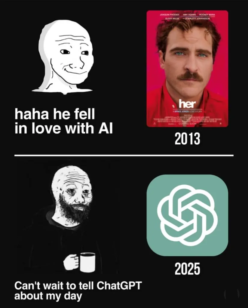 A two-panel meme comparing 2013 to 2025. Top: A smiling Wojak says "haha he fell in love with AI" beside the poster for the film "her" (2013). Bottom: A tired Doomer Wojak says "Can't wait to tell ChatGPT about my day" beside the ChatGPT logo and "2025".