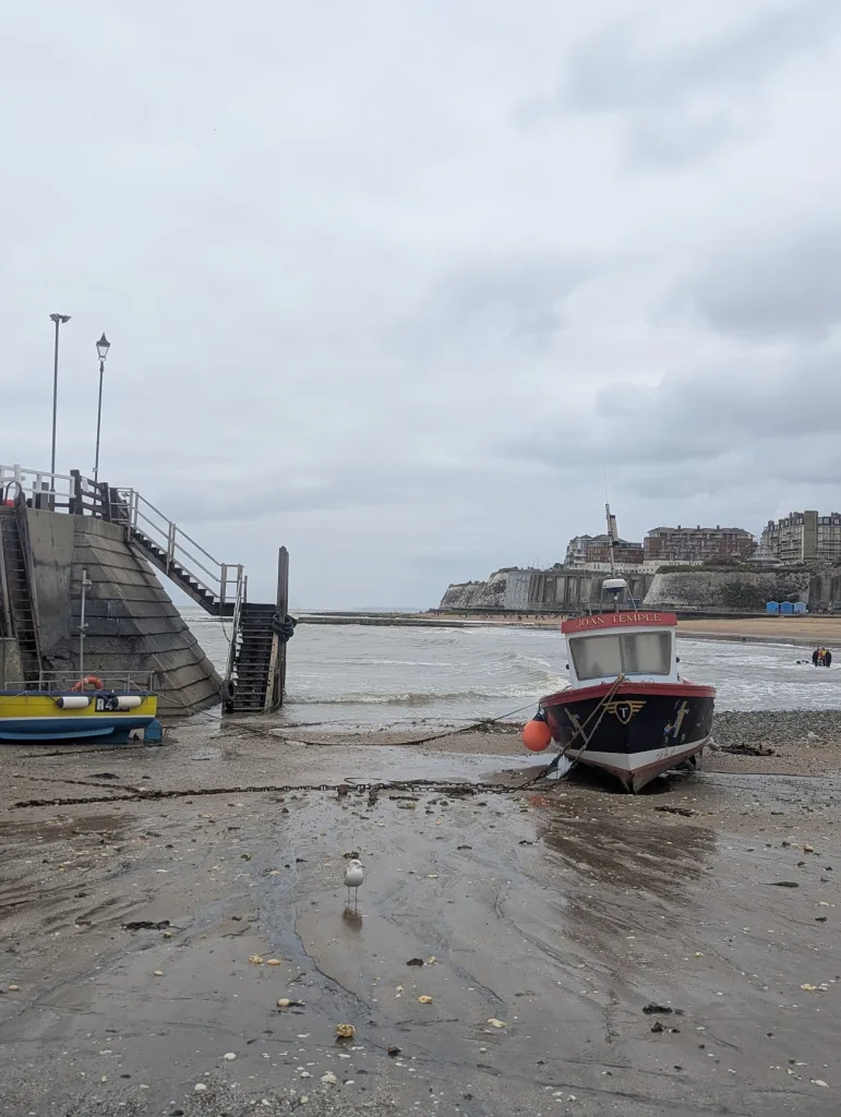 The boat Joan Temple beached on wet sand at low tide beside harbor stairs, with a seagull in the foreground and distant cliffs under a grey sky.