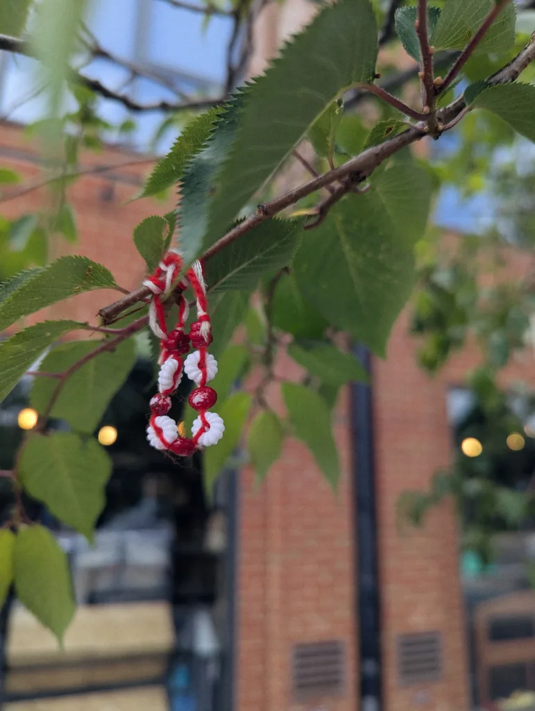 A red and white beaded charm tied to a tree branch with green serrated leaves, in front of a blurred brick building and warm lights.