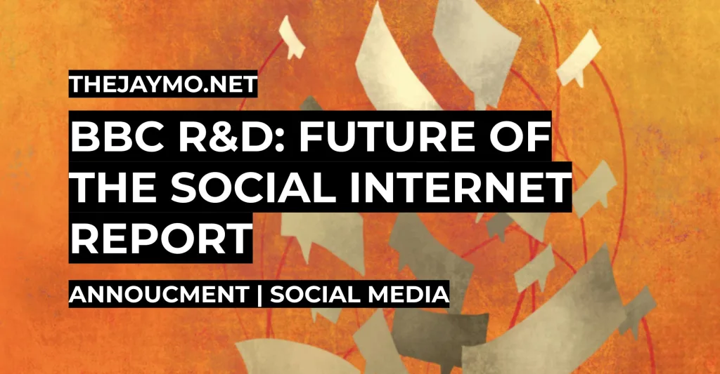 Featured image for Future of the Social Internet - Abstract orange background with speech bubble icons and the text BBC R&D: Future of the Social Internet Report.