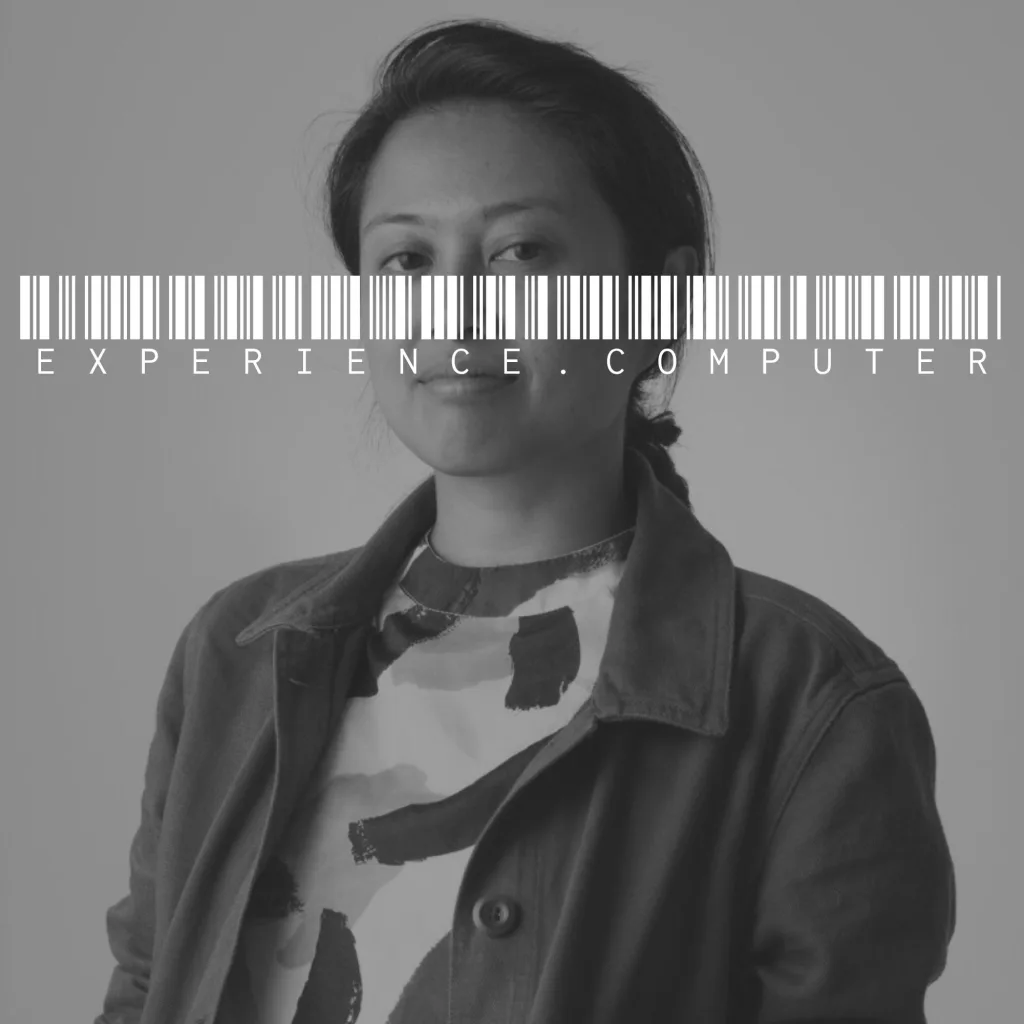 experience.computer podcast cover - Jenn de la Vega in a black and white portrait with a barcode over her eyes and text: EXPERIENCE . COMPUTER
