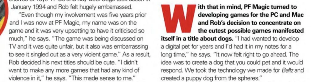 Screenshot of an article about PF Magic. The text discusses developer Rob's shift toward "cute" games after criticism of a violent title, leading to a digital pet dog game for PC and Mac created using technology from Ballz.