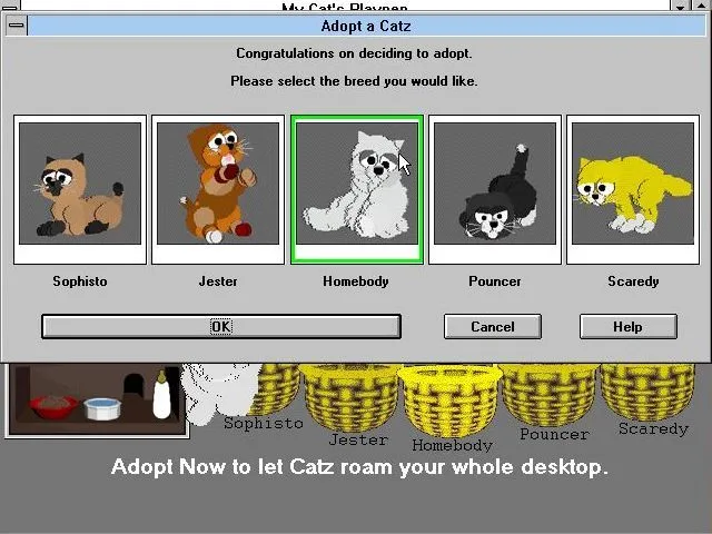 Screenshot of the Adopt a Catz window in the Catz video game. It shows five cat breed options: Sophisto, Jester, Homebody (selected), Pouncer, and Scaredy. Text reads: "Congratulations on deciding to adopt. Please select the breed you would like.