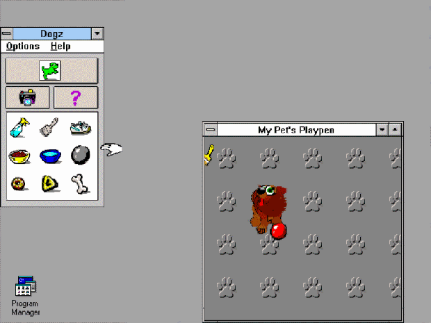 Screenshot of the retro game Dogz. A menu window titled Dogz shows various pet item icons. Next to it, the My Pet's Playpen window displays a small pixelated brown dog with a red ball.