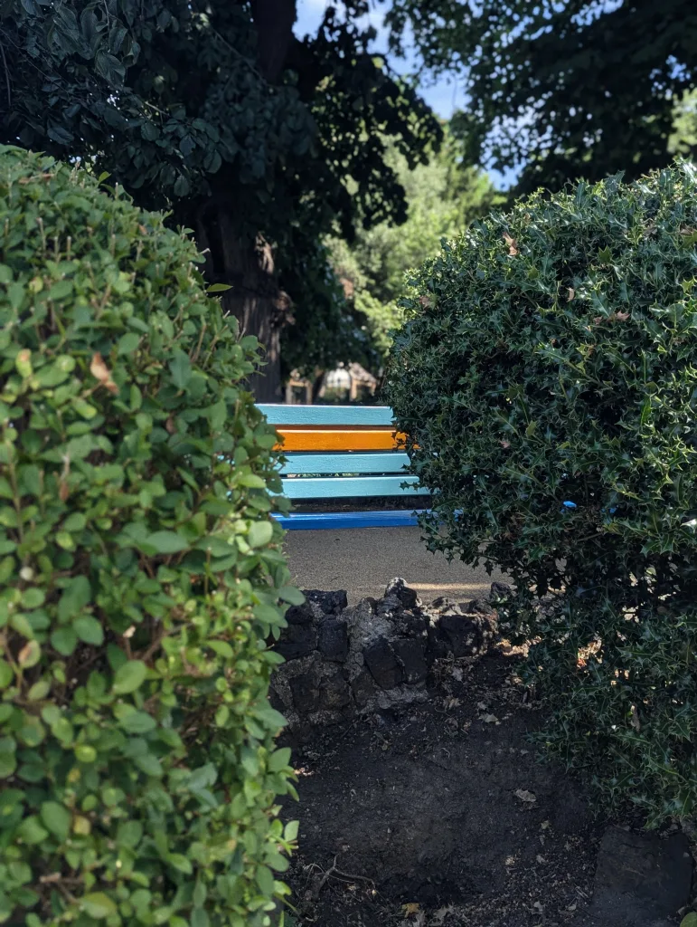 A colorful park bench with light blue and orange slats, framed by two large green bushes and a low stone wall in a sunlit park.
