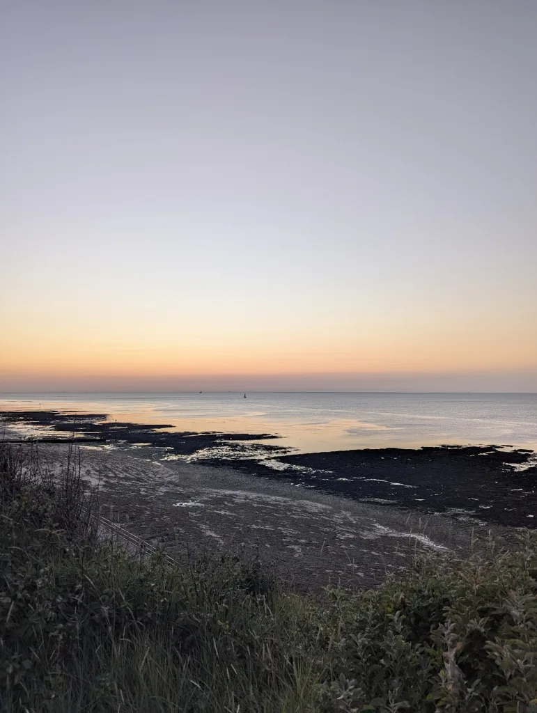 Sunset over a coastal shoreline at low tide with exposed mudflats under a pale orange sky, viewed from a grassy bank.