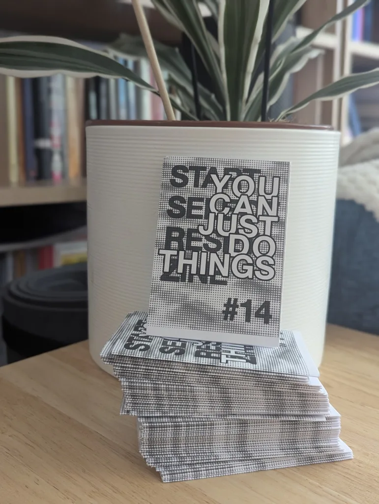 Featured image for Weeknotes 14 - a stack of Stay Self-Res zines reading You can just do things leaning against a white plant pot.
