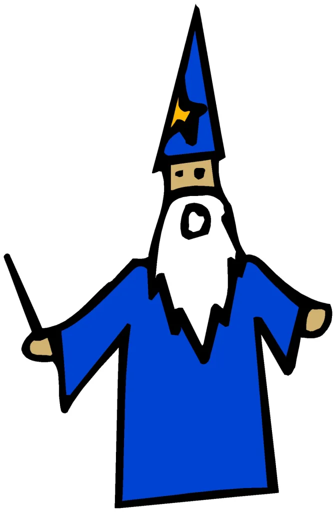 Featured image for Wizard with Wand - A cartoon wizard with a long white beard, wearing a blue robe and pointed starry hat while holding a wand.