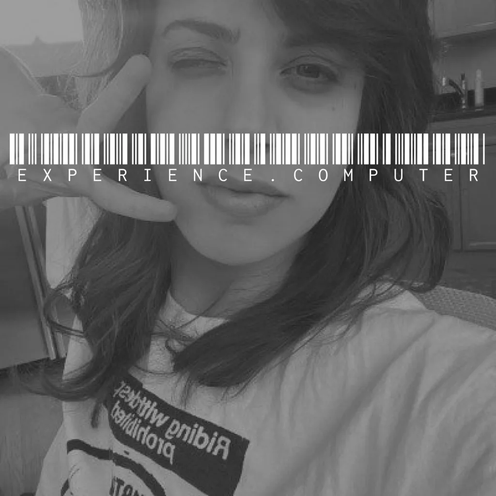experience.computer podcast cover - Katherine Dee black and white portrait with a barcode graphic across the face and text: EXPERIENCE . COMPUTER.