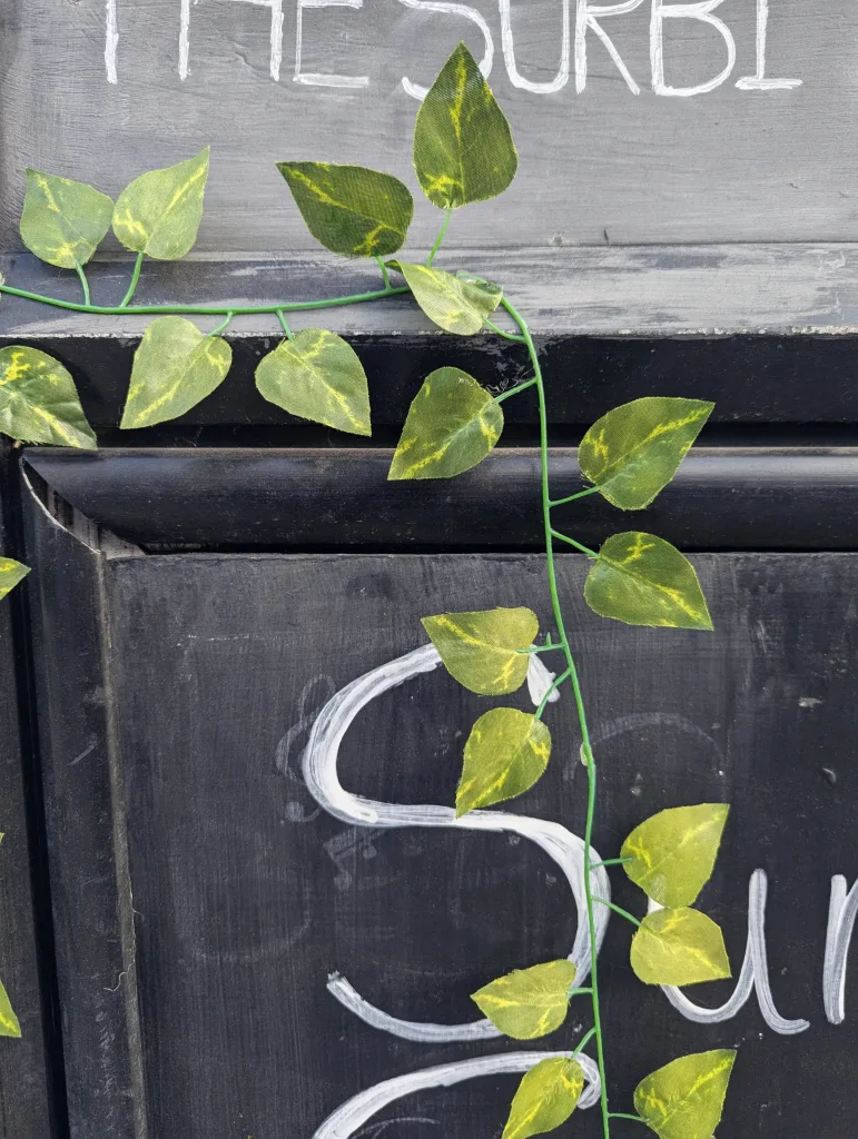Variegated faux ivy vine trailing across a black chalkboard sign with white hand-painted lettering.