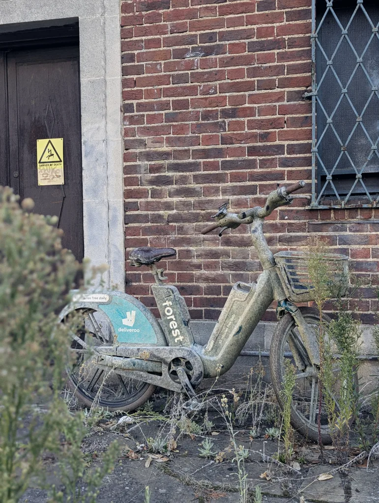 A grime-covered Forest electric bike leaning against a red brick wall in an overgrown urban setting next to a yellow danger sign.