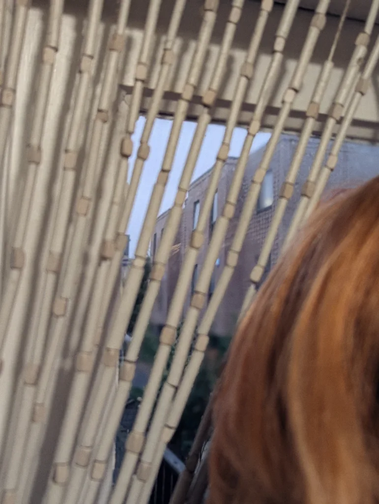 Beaded curtain framing a view of a brick building exterior, with blurred ginger hair visible in the foreground.