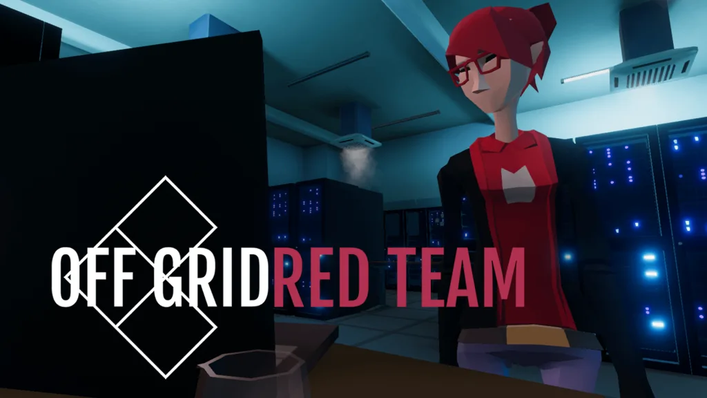 Featured image for Off Grid Red Team - a low-poly character with red hair and glasses standing in a dark server room with glowing blue server racks.