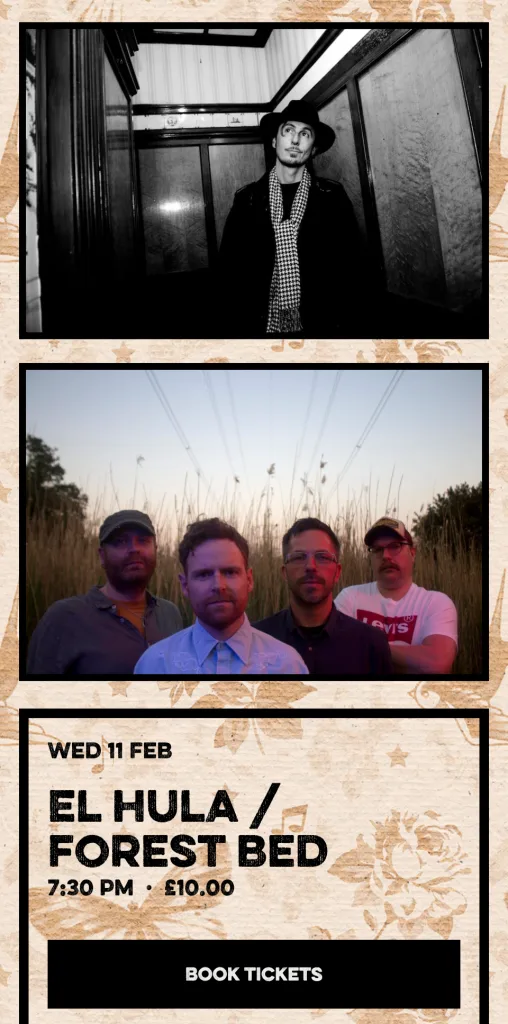 Featured image for El Hula / Forest Bed - Portraits of the musicians above event details for a concert on Wednesday 11 February.